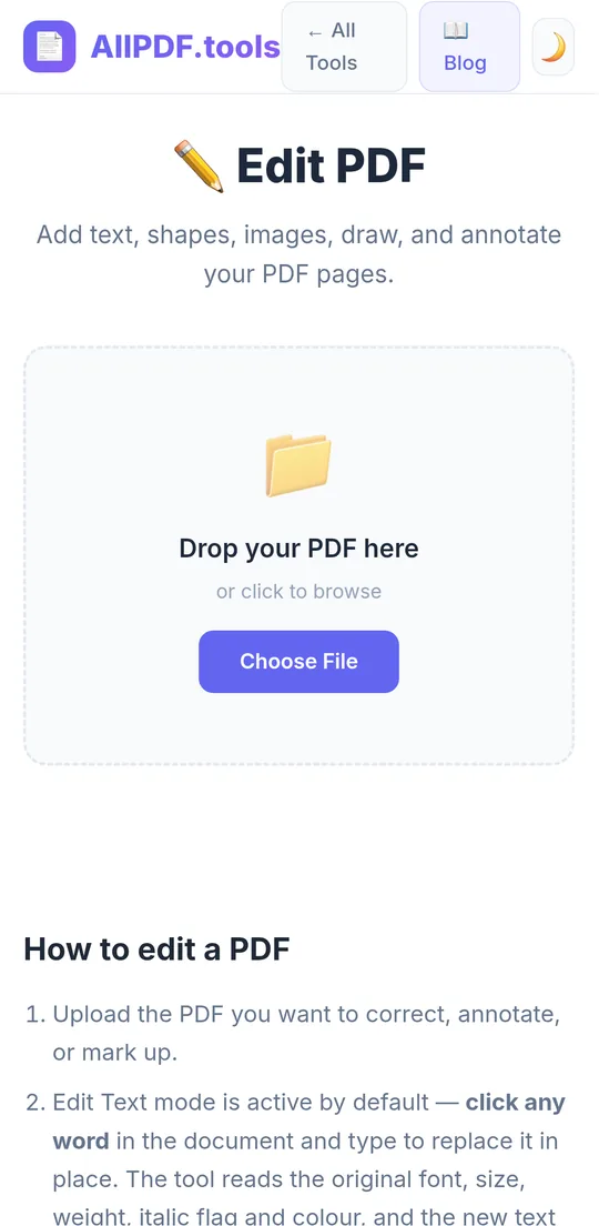 AllPDF.tools Edit PDF screen
