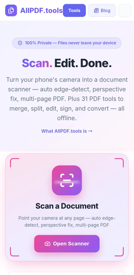 AllPDF.tools Android app home screen with the Scan a Document card