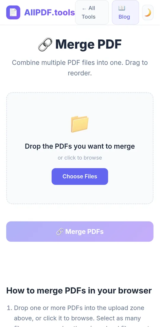 AllPDF.tools Merge PDF screen with a drop zone