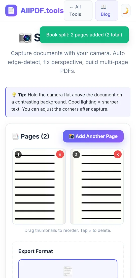 AllPDF.tools multi-page scan queue with two captured pages