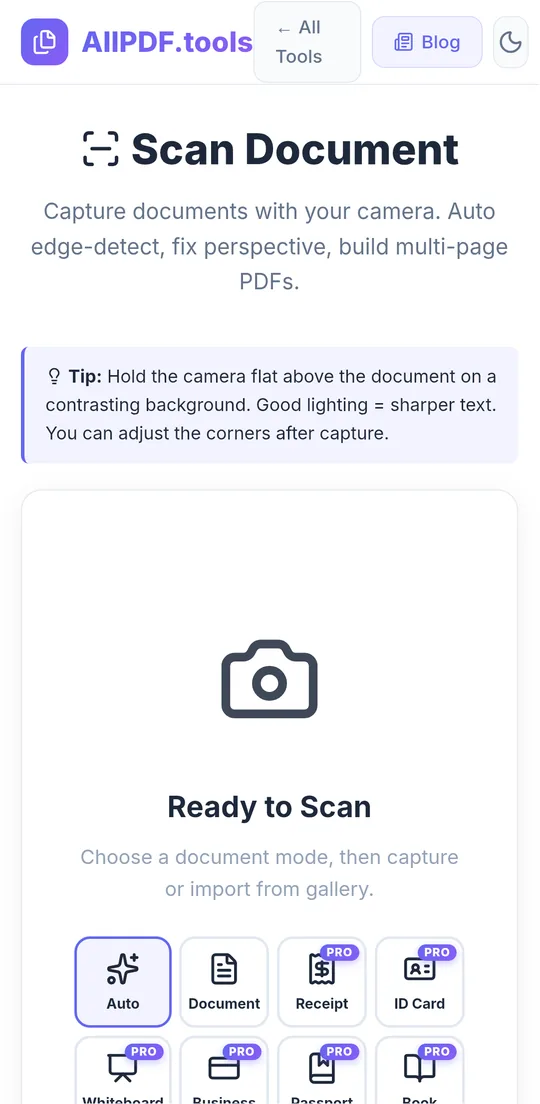 AllPDF.tools scanner screen ready to capture with document modes