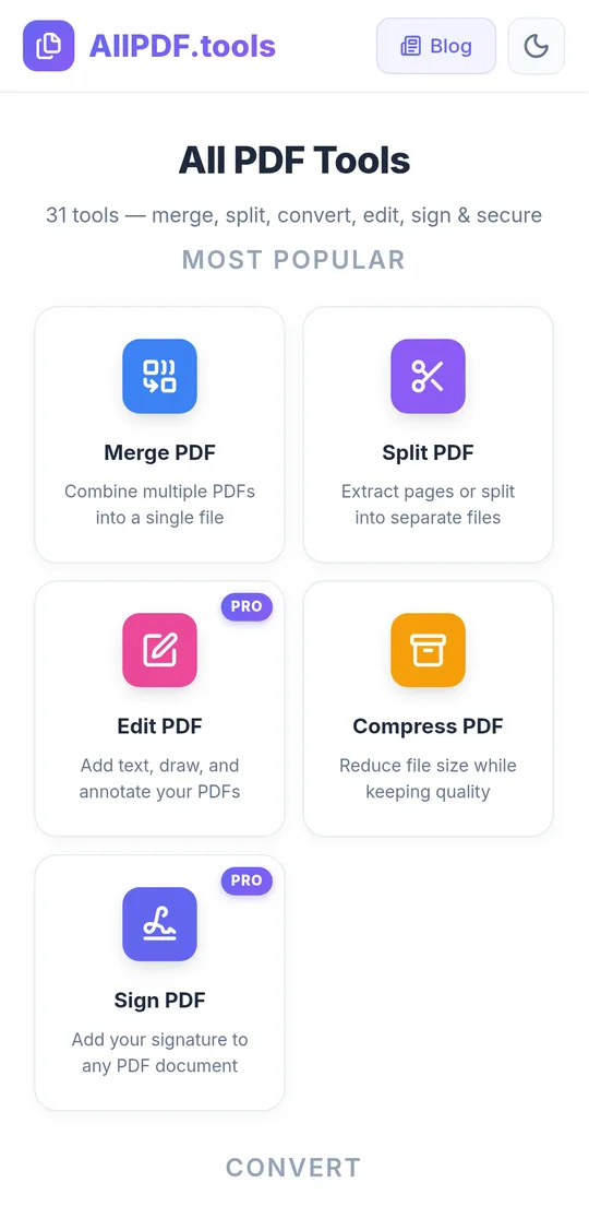AllPDF.tools grid of PDF tools in the Android app