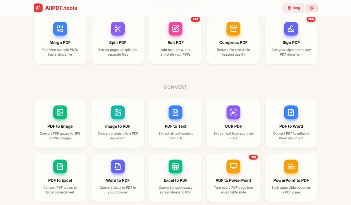 AllPDF.tools website showing the tool grid