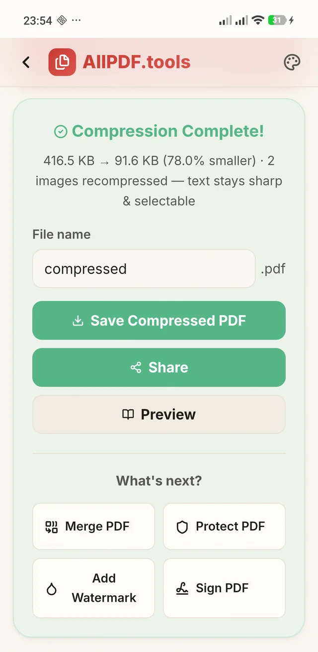 AllPDF compression complete: 416.5 KB down to 91.6 KB, 78 percent smaller, with Save Compressed PDF and Share buttons