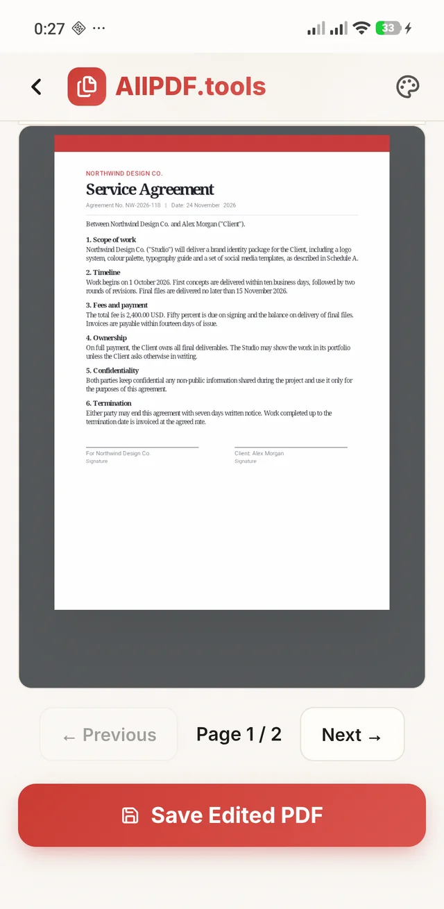 Edit PDF in AllPDF showing an edited service agreement with a Save Edited PDF button