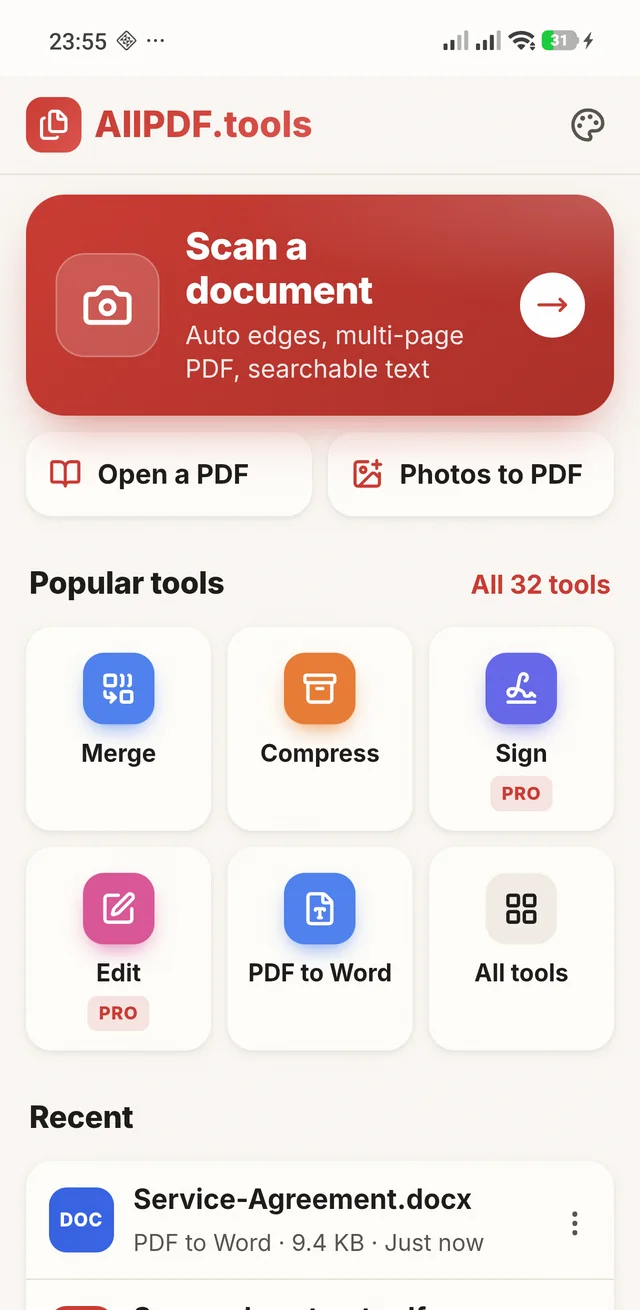AllPDF home screen: a Scan a document card, Open a PDF and Photos to PDF buttons, popular tools and recent files