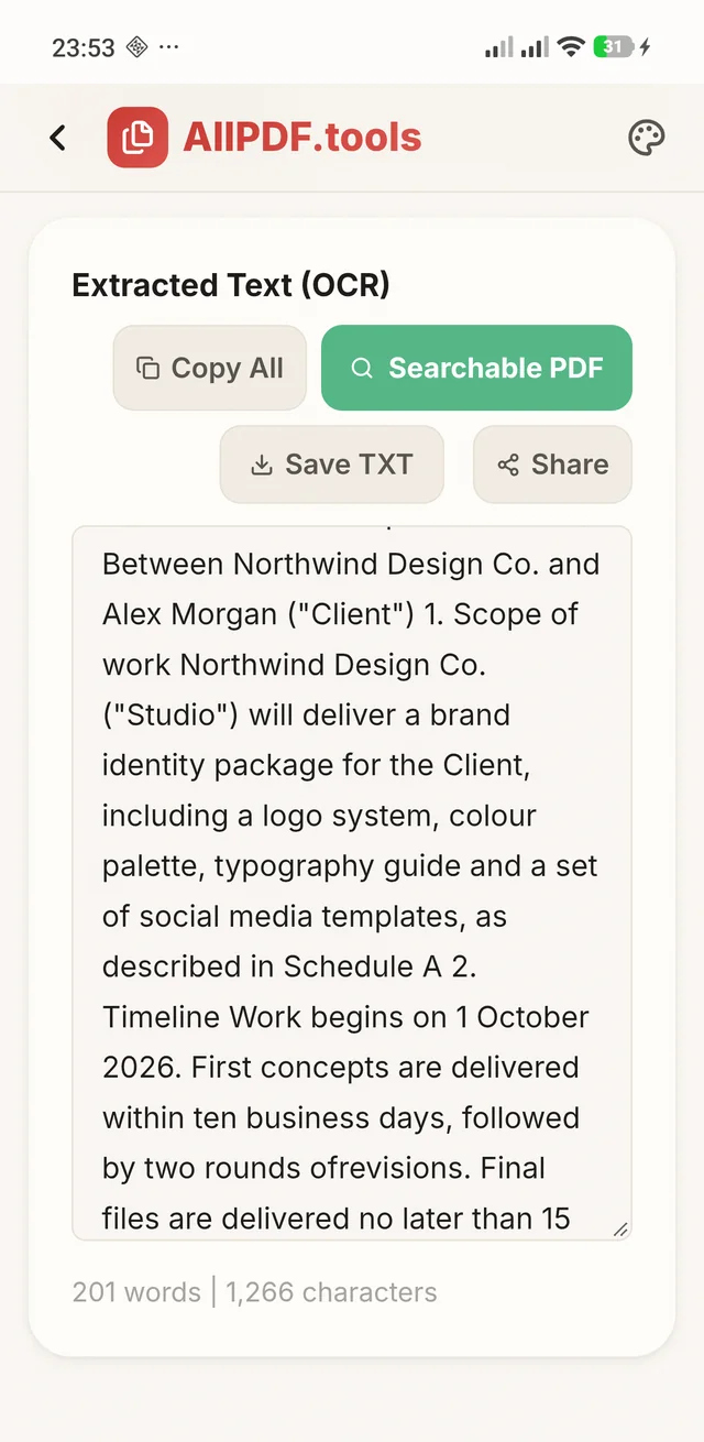Text recognised from a scanned service agreement in AllPDF, with Copy All, Searchable PDF, Save TXT and Share buttons