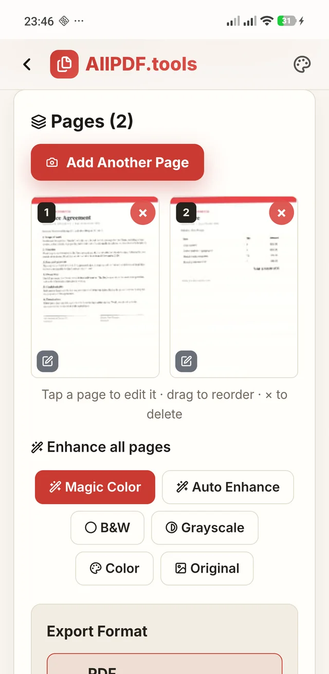 A two-page scan in AllPDF with Magic Color, Auto Enhance, black and white, grayscale, colour and original filters