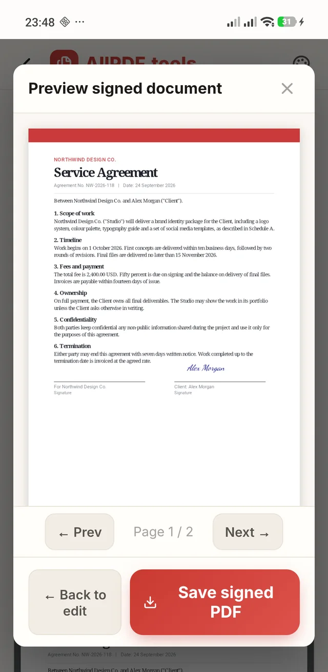 Preview of a signed service agreement in AllPDF with page navigation and a Save signed PDF button