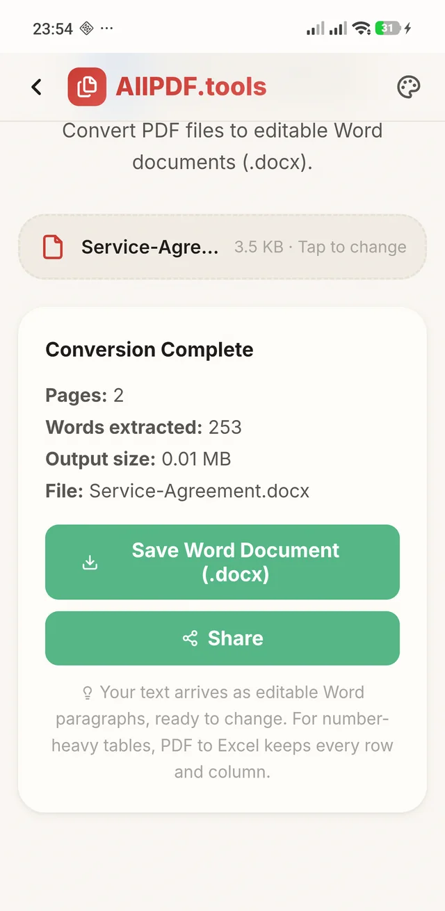 AllPDF PDF to Word result: 2 pages, 253 words extracted, with Save Word Document and Share buttons