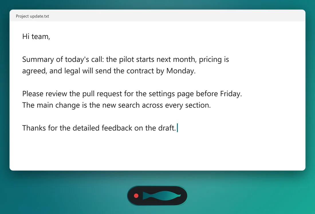 A text document with dictated paragraphs and the Curlew recording pill below it