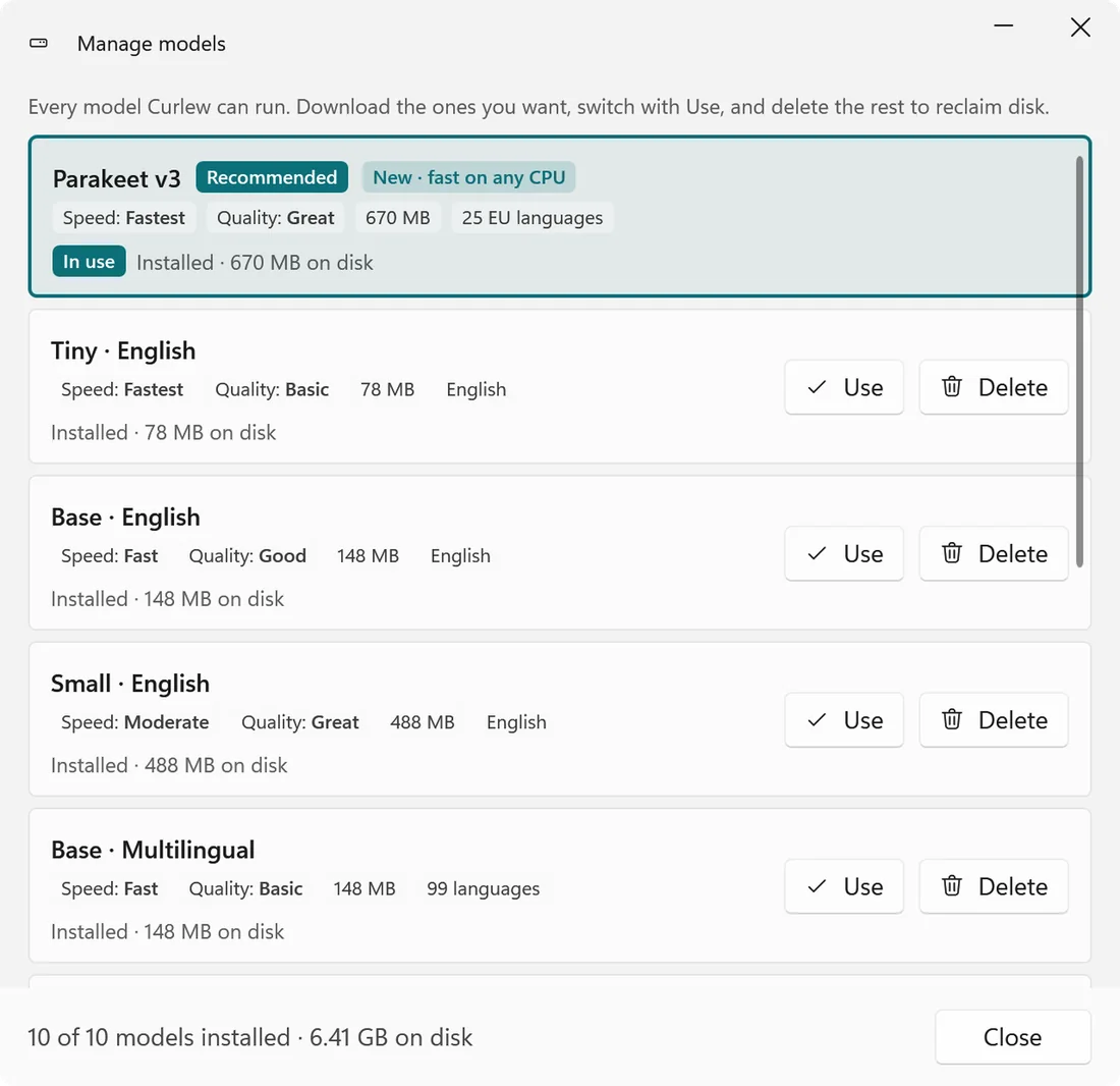 Curlew model manager listing Parakeet v3 and Whisper models with speed, quality and size