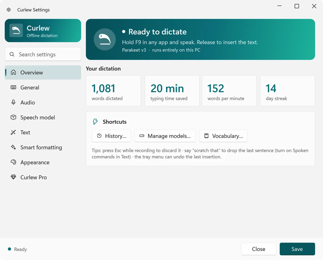 Curlew settings overview