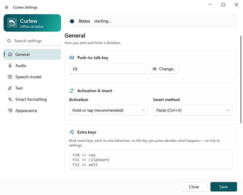 Curlew settings window showing the push-to-talk key, activation mode and insert method