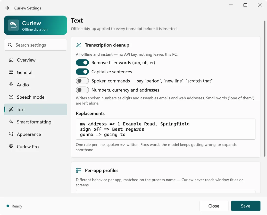 Curlew text settings with filler-word removal, capitalisation, spoken commands, replacements and per-app profiles