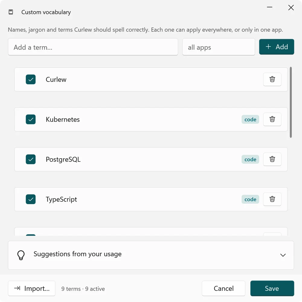 Curlew custom vocabulary window with terms scoped to code editors