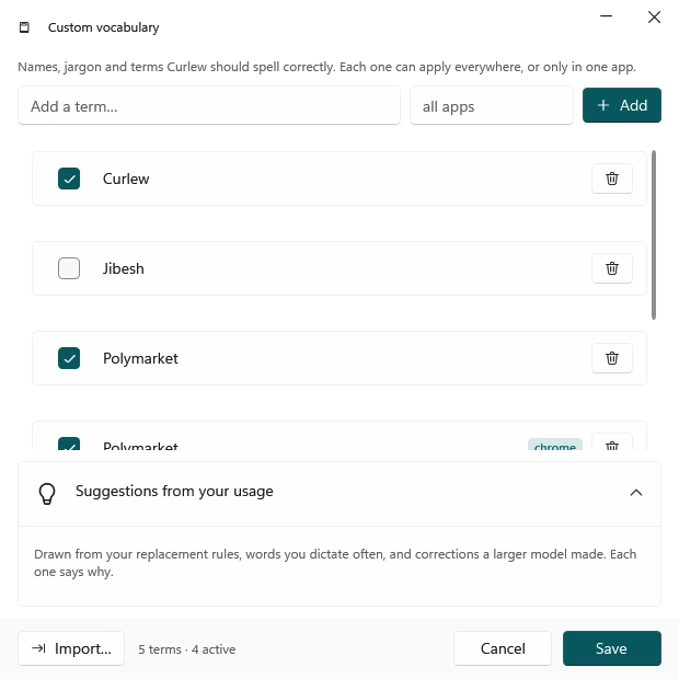 Curlew custom vocabulary window