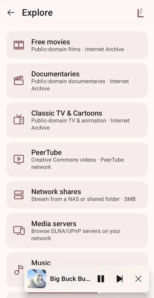 Lanelo Explore screen listing free movies, documentaries, classic TV, PeerTube and network shares