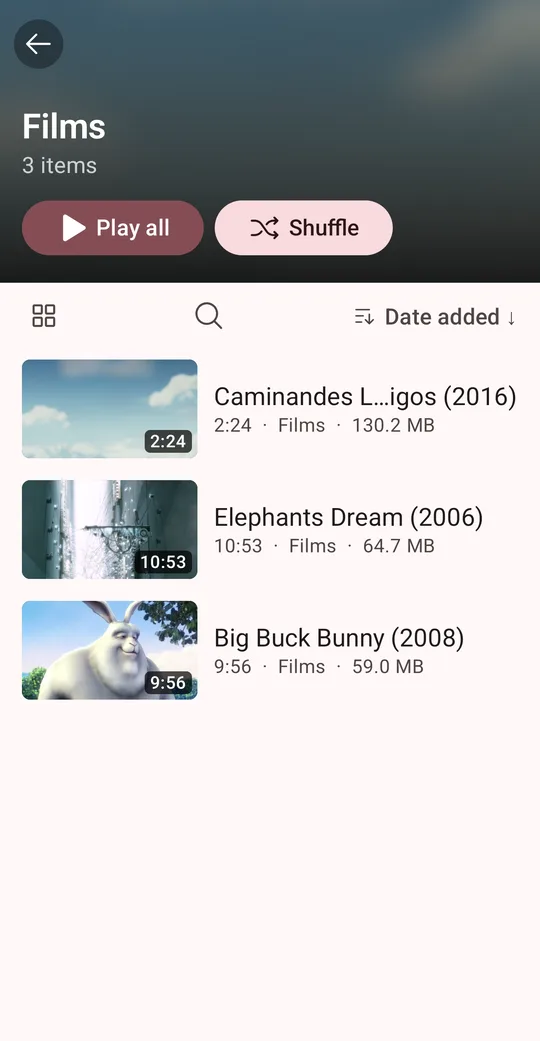 Lanelo folder view listing three films with thumbnails, durations and sizes