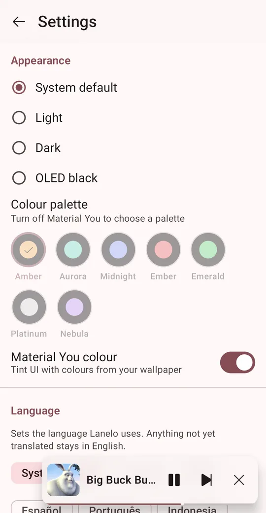 Lanelo settings showing theme, colour palettes and language