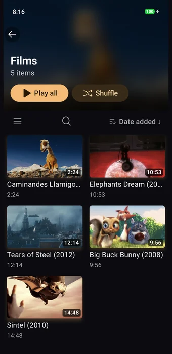 Lanelo Films folder with Play all and Shuffle above five films