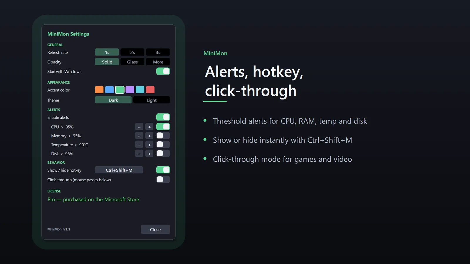 MiniMon settings panel with alerts, hotkey and click-through