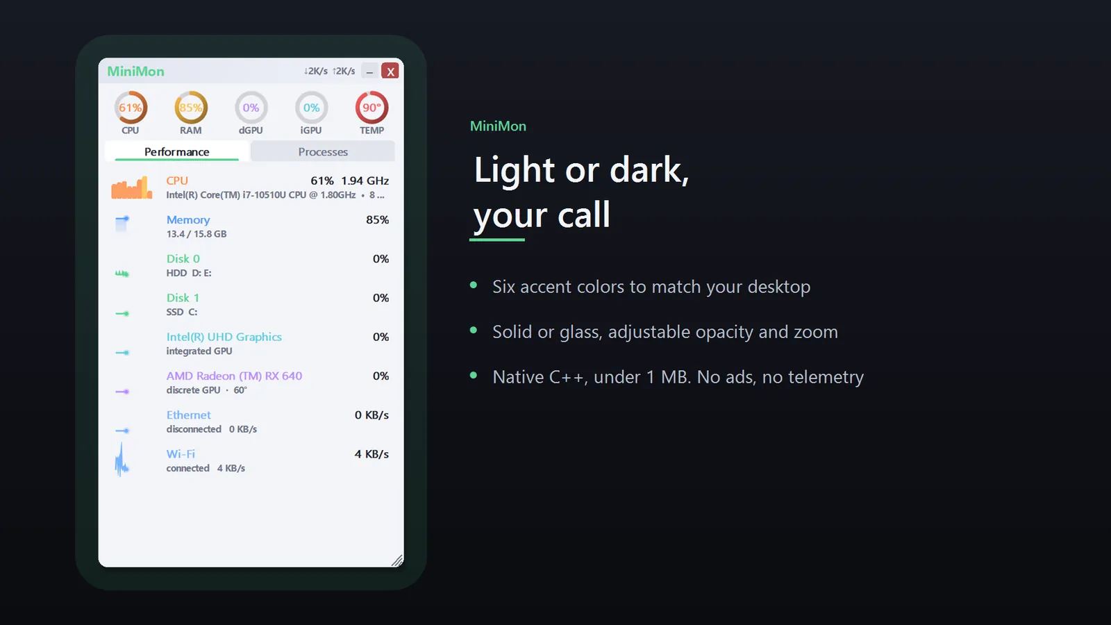 MiniMon light and dark themes with accent colours