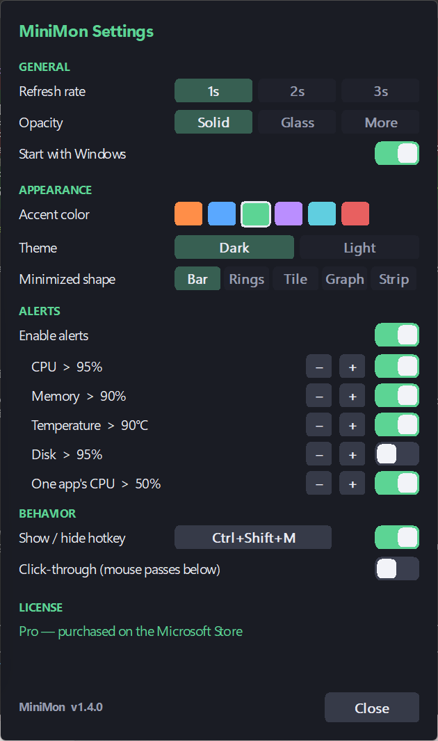 MiniMon Settings: refresh rate, opacity, start with Windows, accent colour, theme, minimized shape, alerts, hotkey and click-through