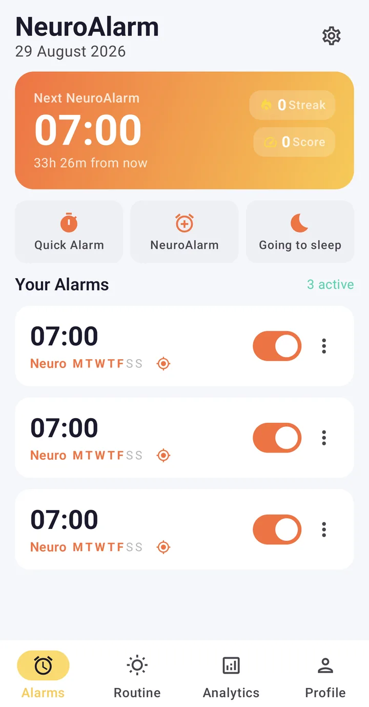 NeuroAlarm home screen